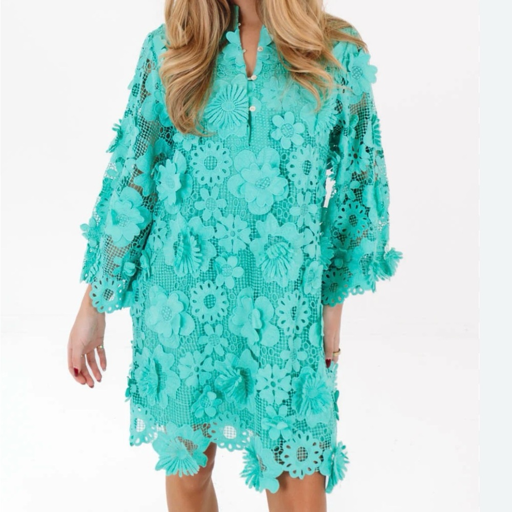 NWT $168 J Marie Seraphina Lace Dress Bright Mint 3D Floral Lined Flare Slv Sz S